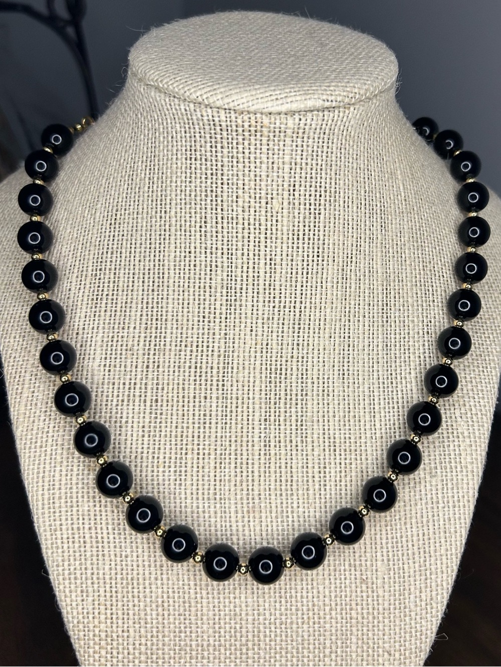Monet Black Bead Gold Tone Necklace 16"